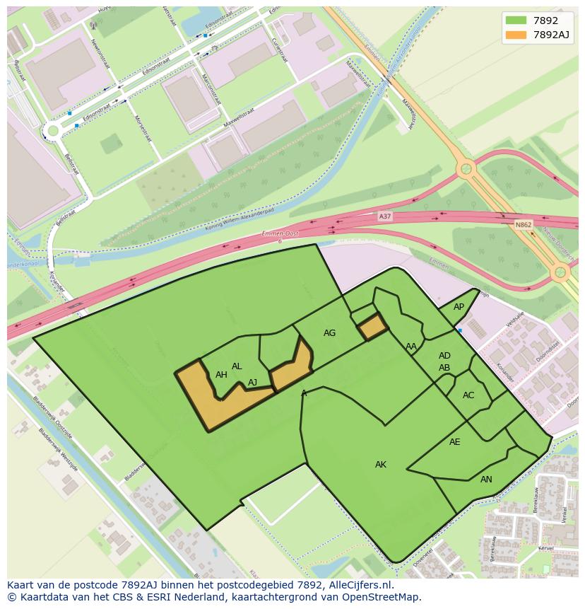 Afbeelding van het postcodegebied 7892 AJ op de kaart.