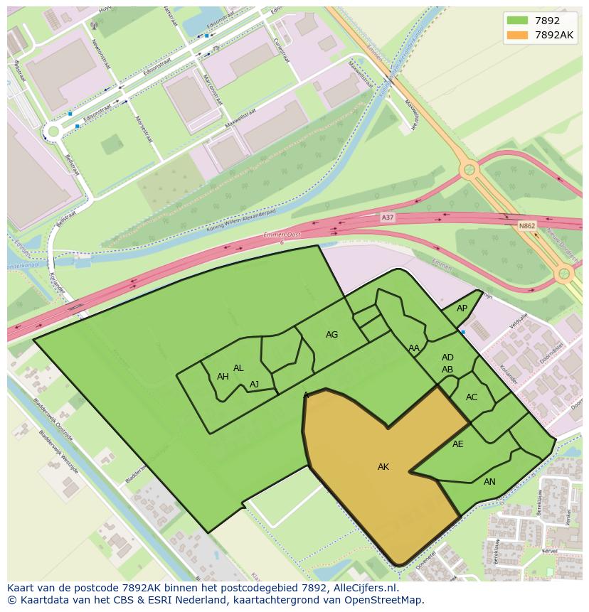 Afbeelding van het postcodegebied 7892 AK op de kaart.