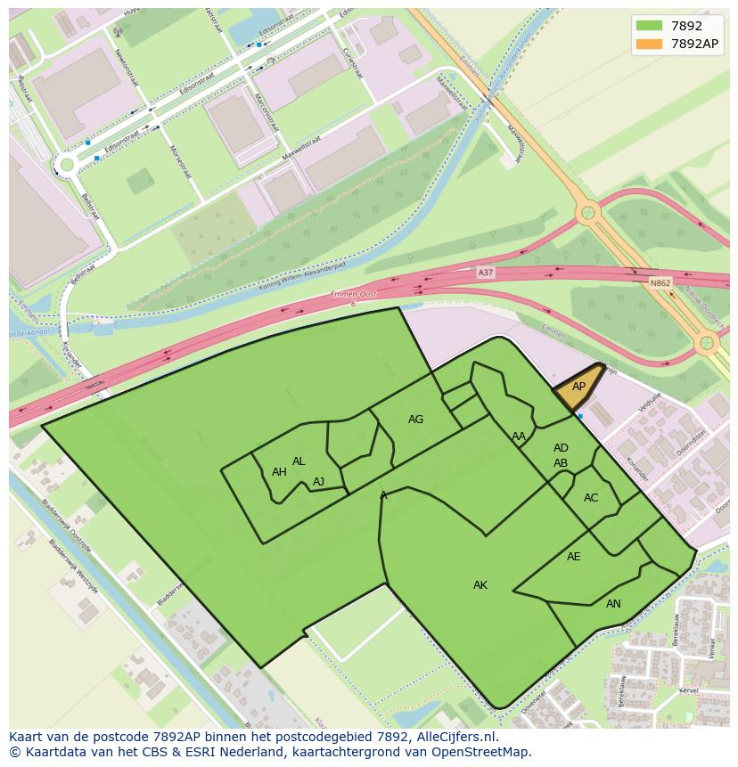Afbeelding van het postcodegebied 7892 AP op de kaart.