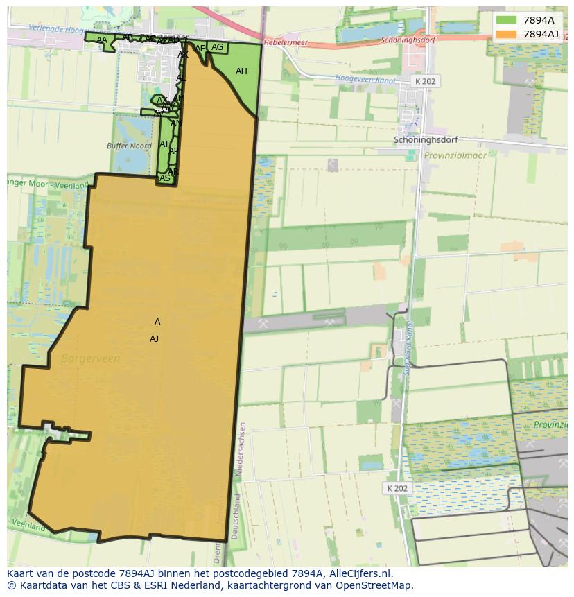Afbeelding van het postcodegebied 7894 AJ op de kaart.