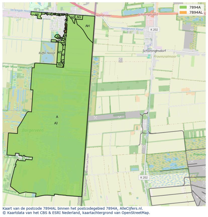 Afbeelding van het postcodegebied 7894 AL op de kaart.