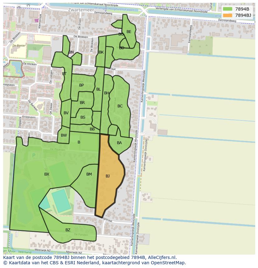 Afbeelding van het postcodegebied 7894 BJ op de kaart.