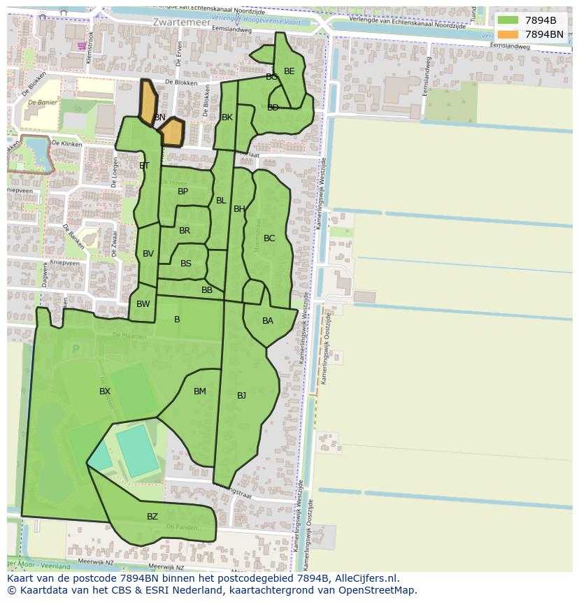 Afbeelding van het postcodegebied 7894 BN op de kaart.