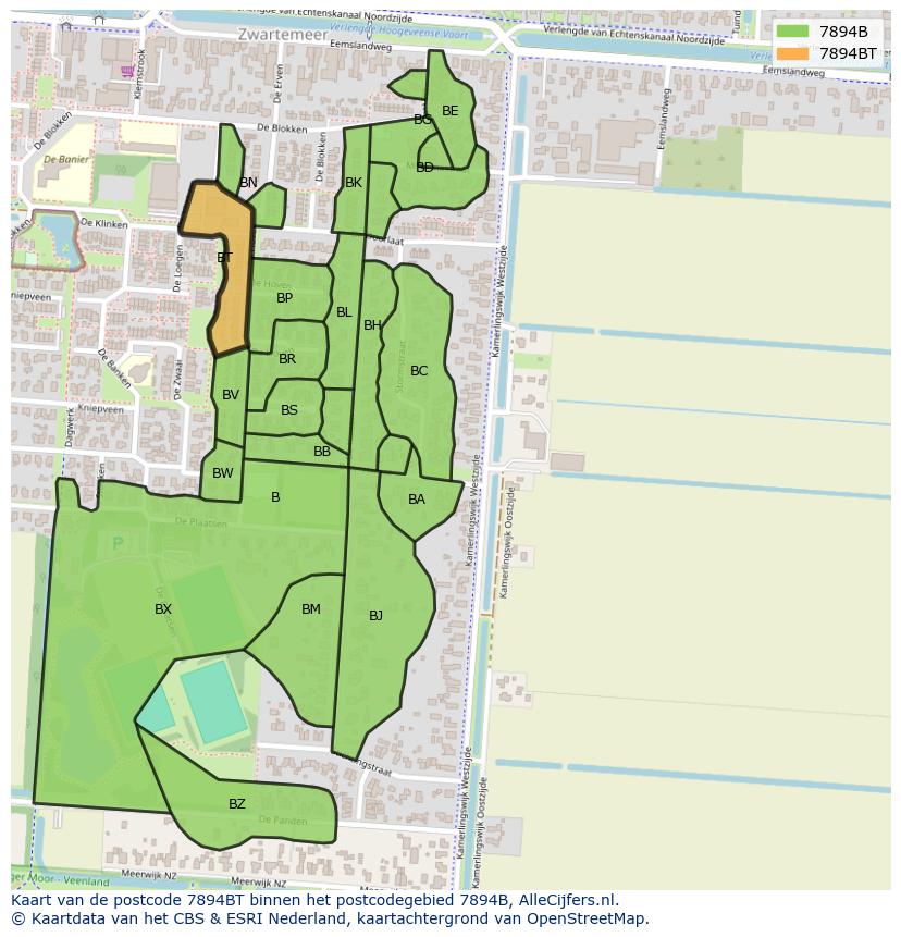 Afbeelding van het postcodegebied 7894 BT op de kaart.