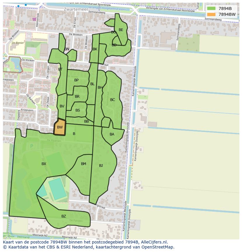 Afbeelding van het postcodegebied 7894 BW op de kaart.