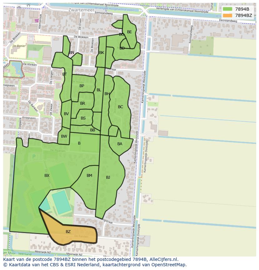 Afbeelding van het postcodegebied 7894 BZ op de kaart.