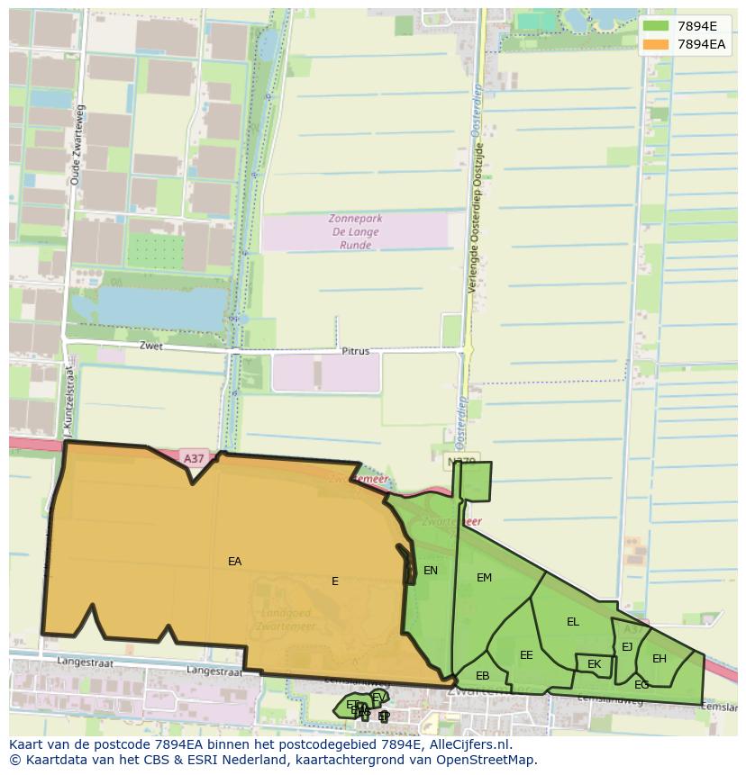 Afbeelding van het postcodegebied 7894 EA op de kaart.