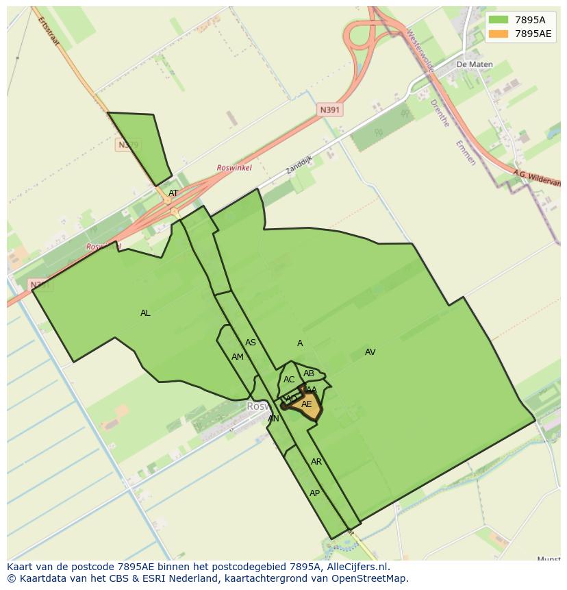 Afbeelding van het postcodegebied 7895 AE op de kaart.