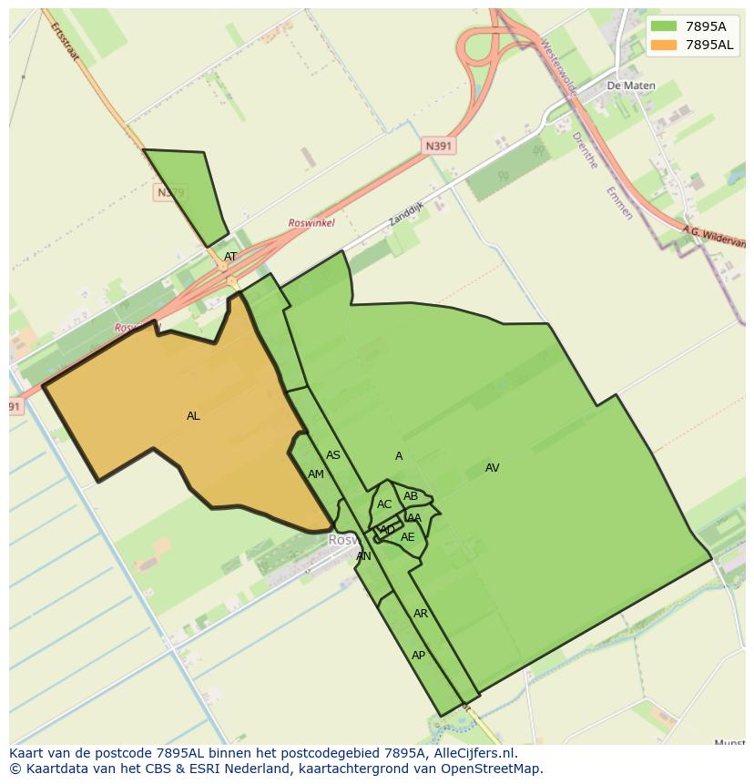 Afbeelding van het postcodegebied 7895 AL op de kaart.