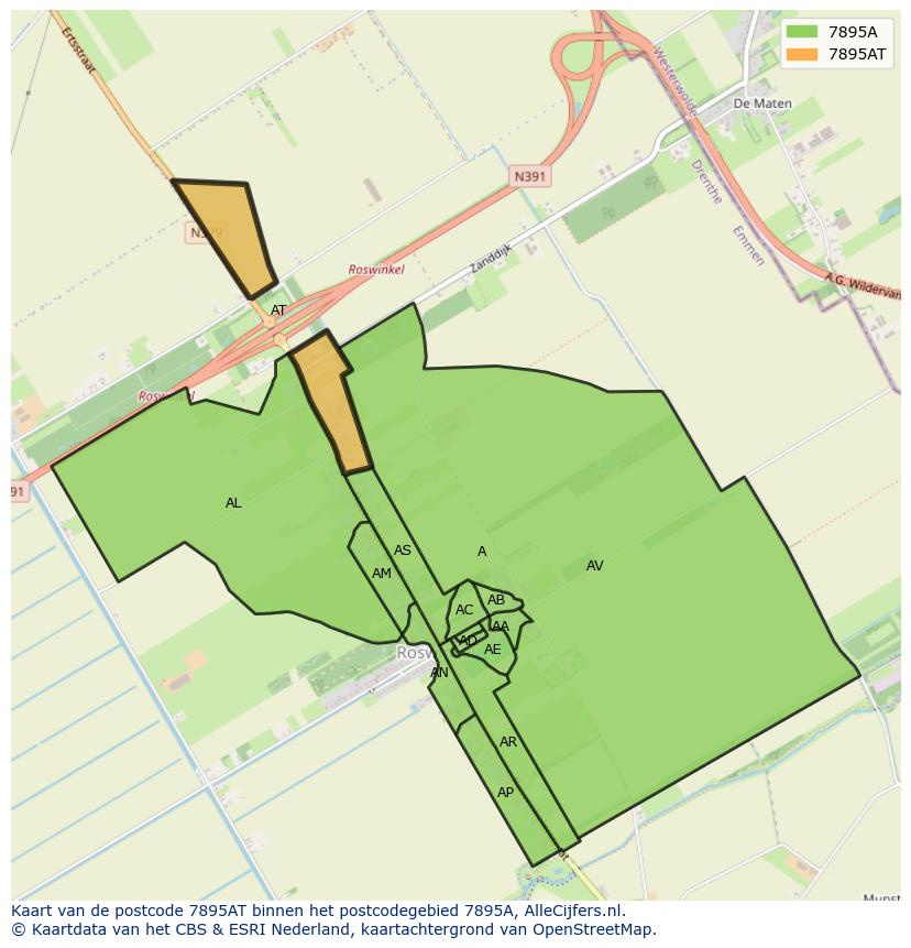 Afbeelding van het postcodegebied 7895 AT op de kaart.