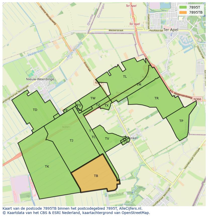 Afbeelding van het postcodegebied 7895 TB op de kaart.