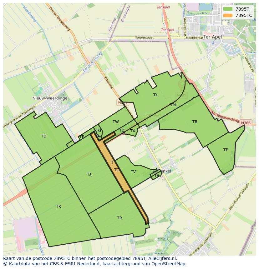 Afbeelding van het postcodegebied 7895 TC op de kaart.