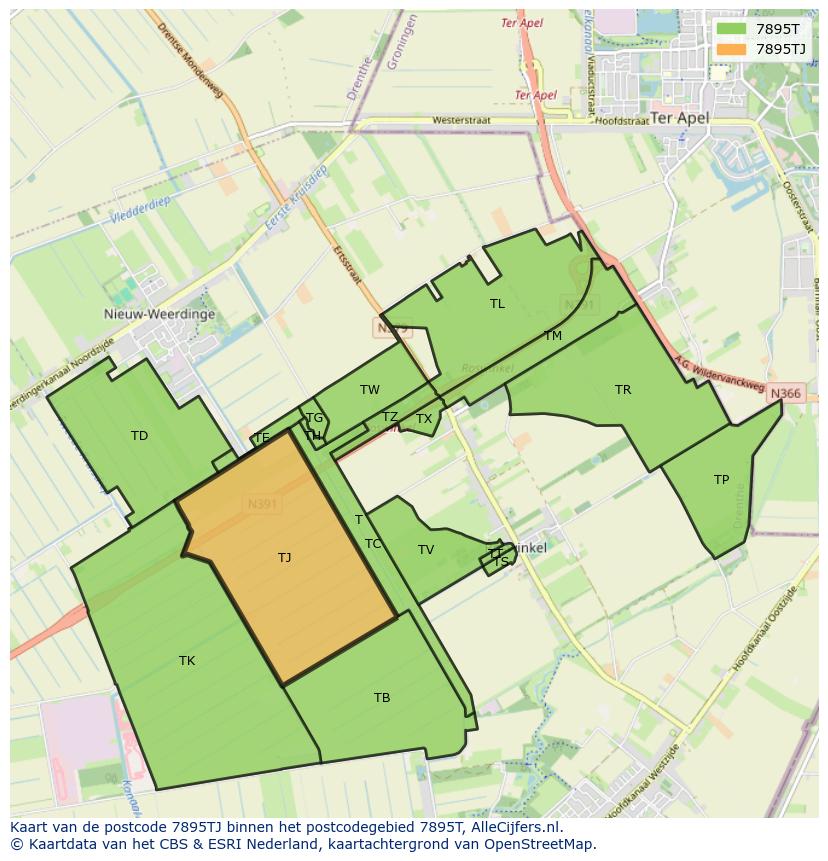 Afbeelding van het postcodegebied 7895 TJ op de kaart.