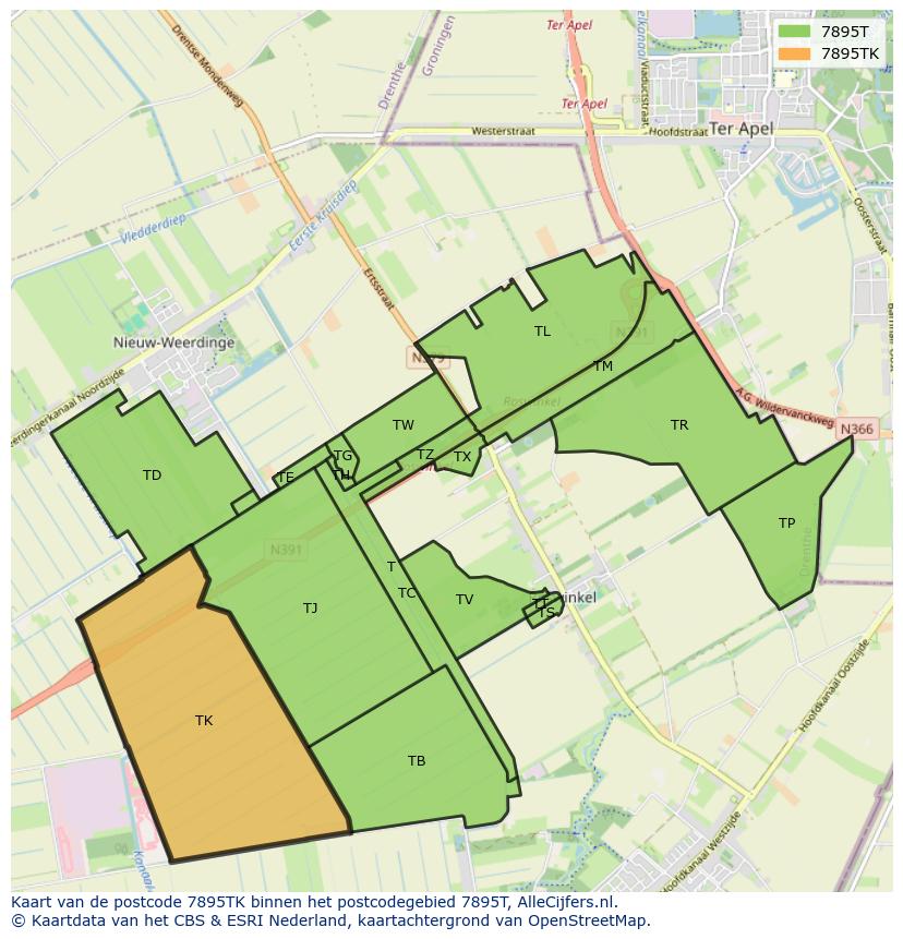 Afbeelding van het postcodegebied 7895 TK op de kaart.