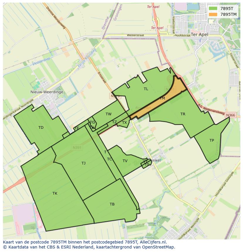 Afbeelding van het postcodegebied 7895 TM op de kaart.