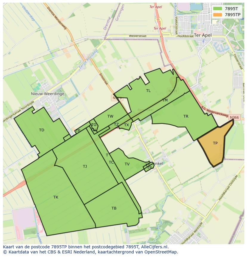 Afbeelding van het postcodegebied 7895 TP op de kaart.