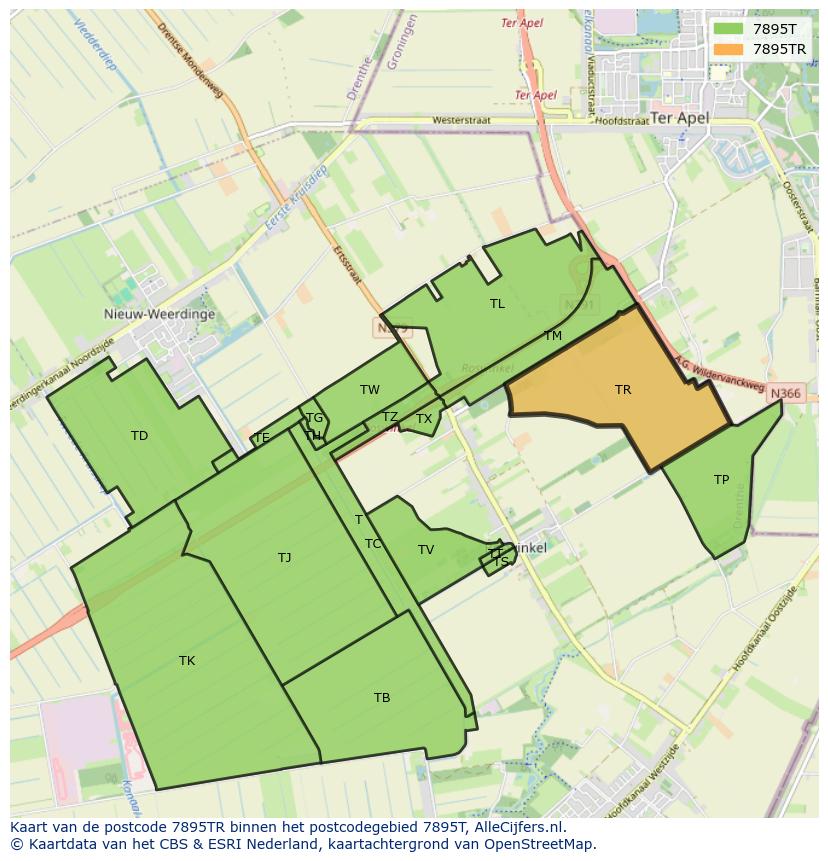Afbeelding van het postcodegebied 7895 TR op de kaart.