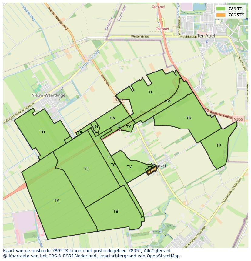Afbeelding van het postcodegebied 7895 TS op de kaart.