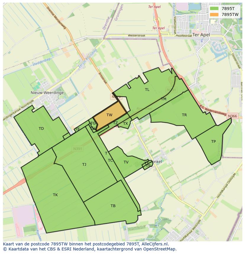 Afbeelding van het postcodegebied 7895 TW op de kaart.