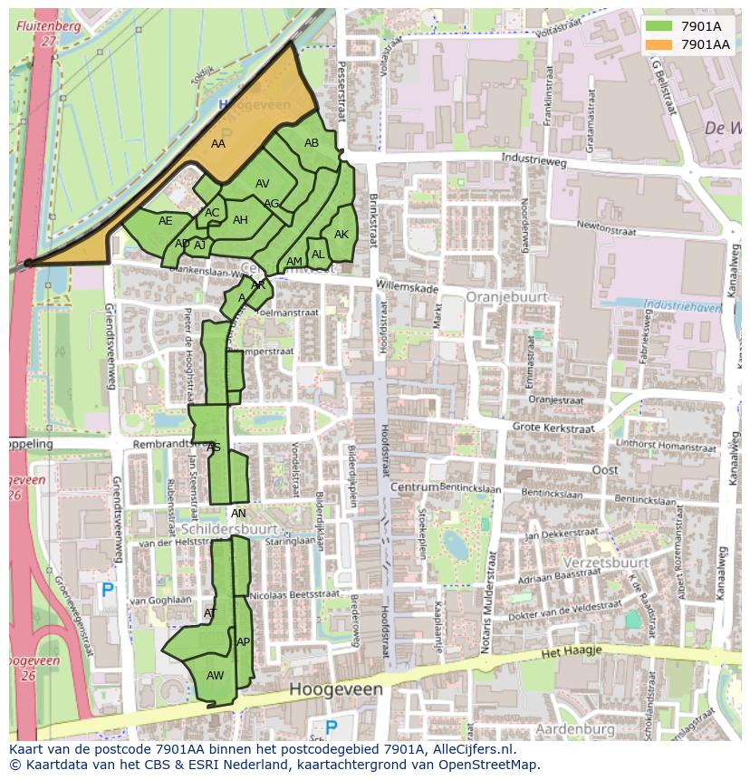 Afbeelding van het postcodegebied 7901 AA op de kaart.