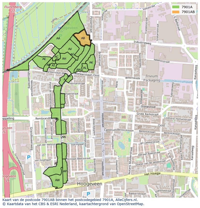 Afbeelding van het postcodegebied 7901 AB op de kaart.