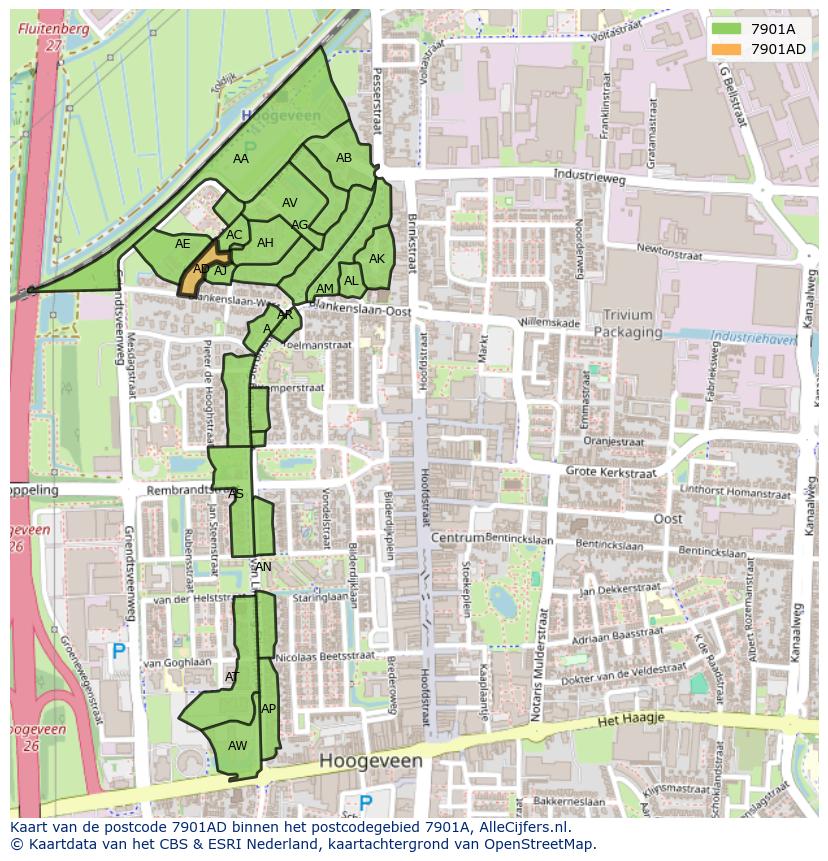 Afbeelding van het postcodegebied 7901 AD op de kaart.