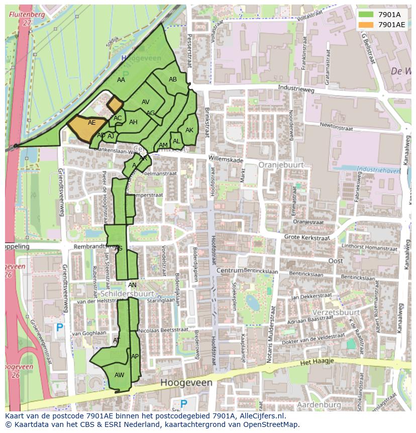Afbeelding van het postcodegebied 7901 AE op de kaart.