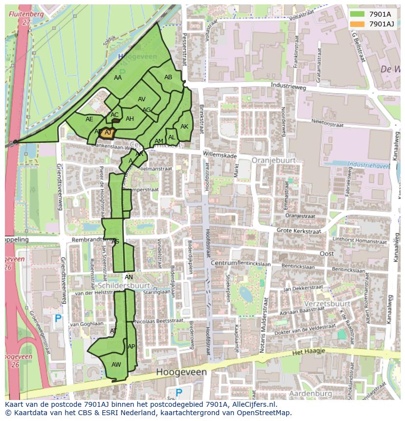Afbeelding van het postcodegebied 7901 AJ op de kaart.