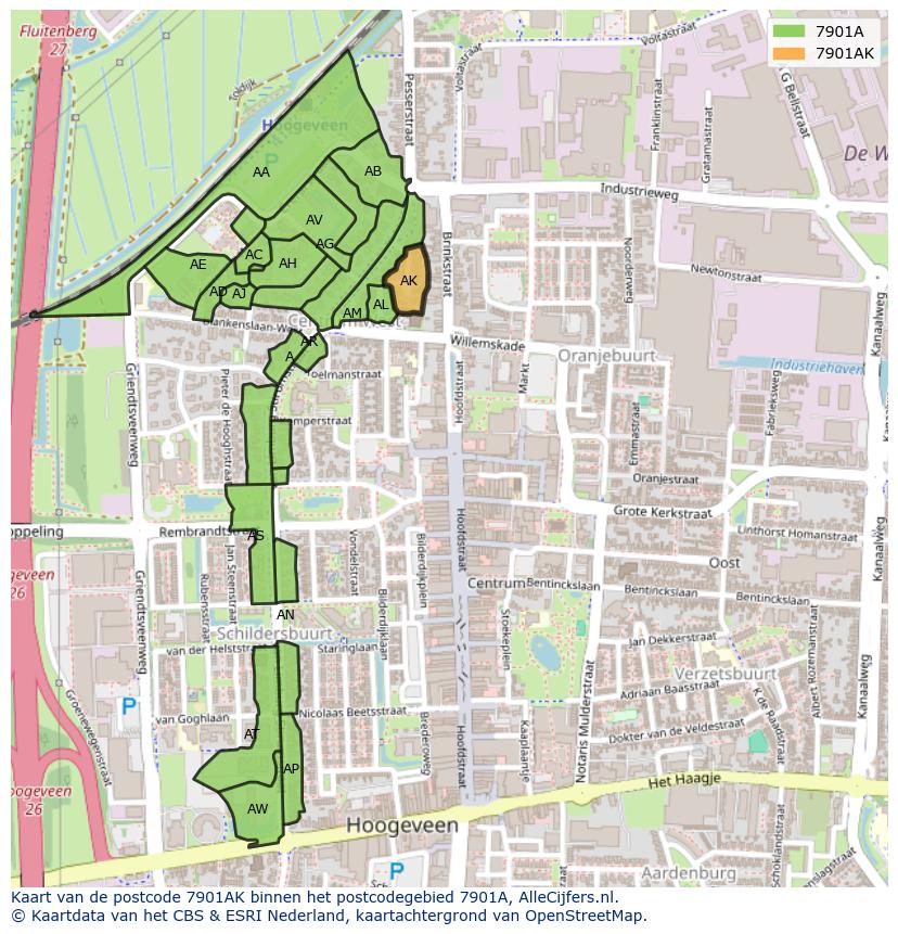 Afbeelding van het postcodegebied 7901 AK op de kaart.
