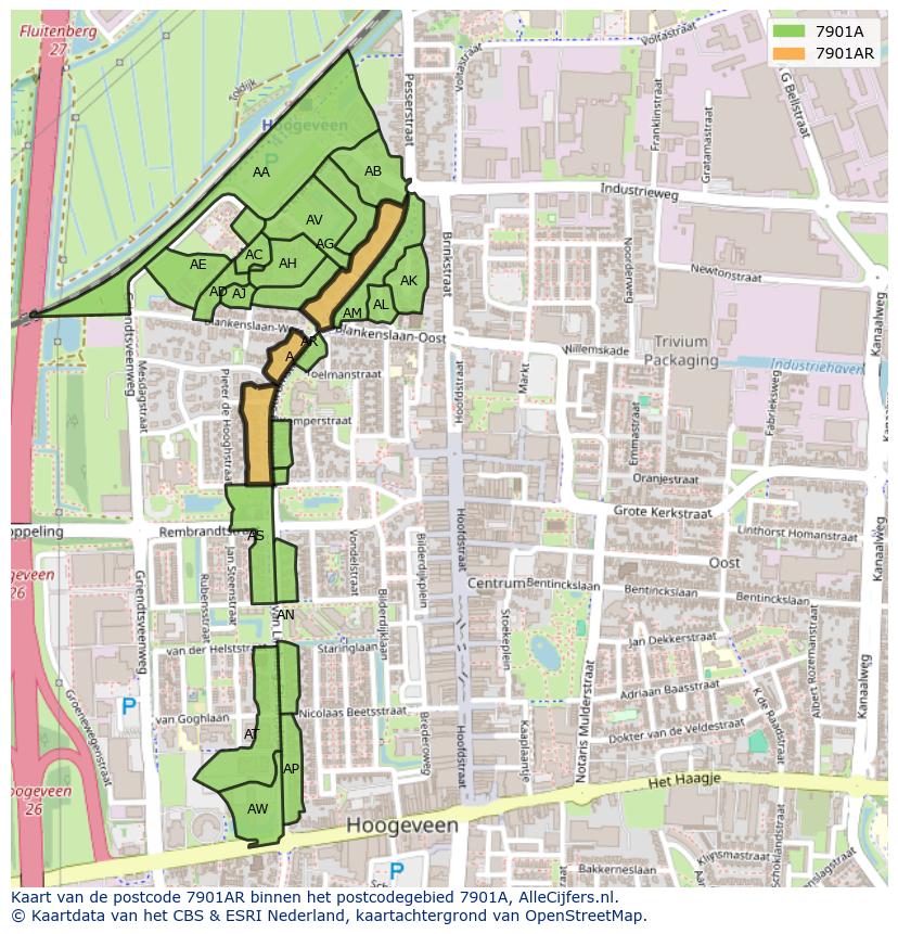 Afbeelding van het postcodegebied 7901 AR op de kaart.