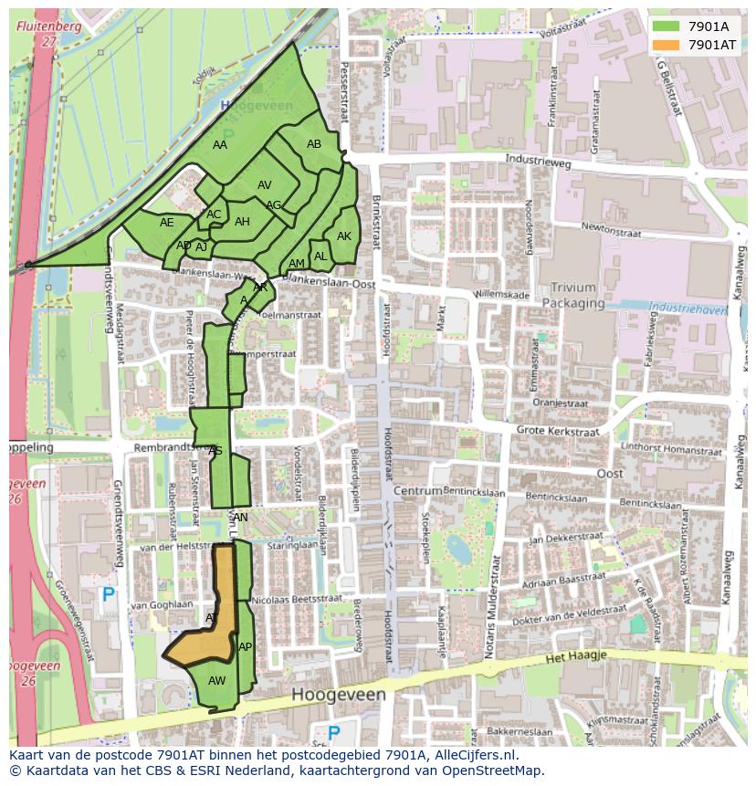 Afbeelding van het postcodegebied 7901 AT op de kaart.