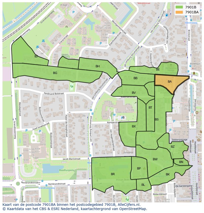 Afbeelding van het postcodegebied 7901 BA op de kaart.