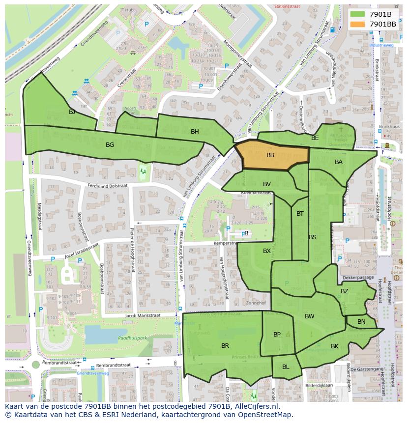 Afbeelding van het postcodegebied 7901 BB op de kaart.