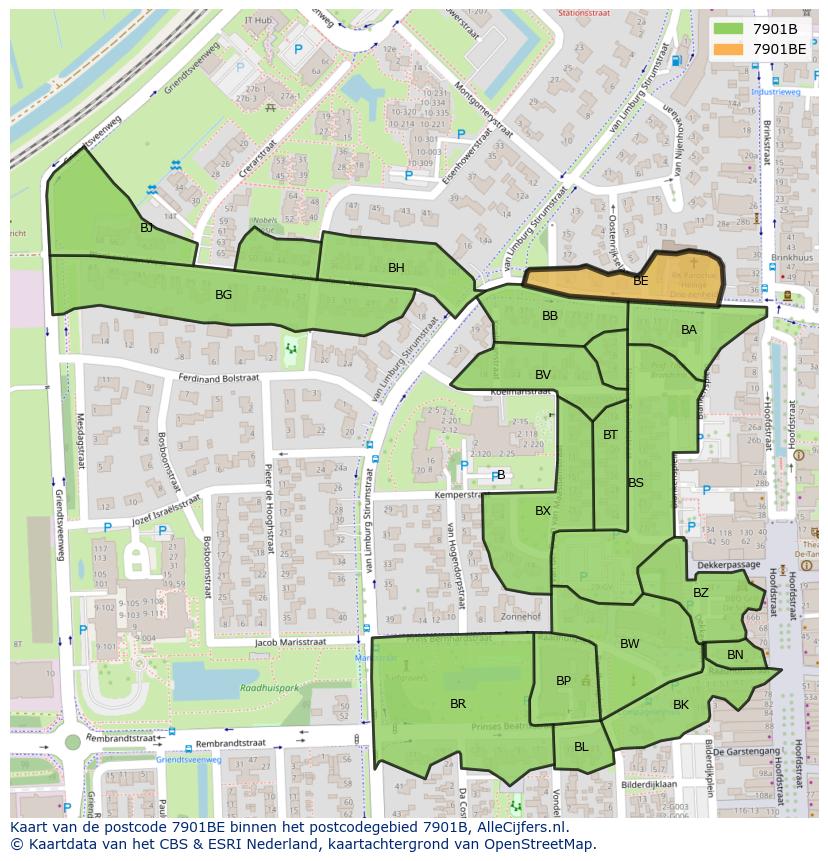 Afbeelding van het postcodegebied 7901 BE op de kaart.