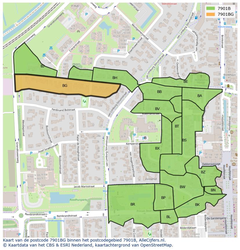 Afbeelding van het postcodegebied 7901 BG op de kaart.