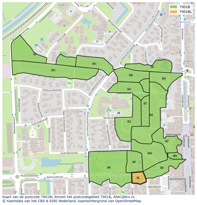 Afbeelding van het postcodegebied 7901 BL op de kaart.