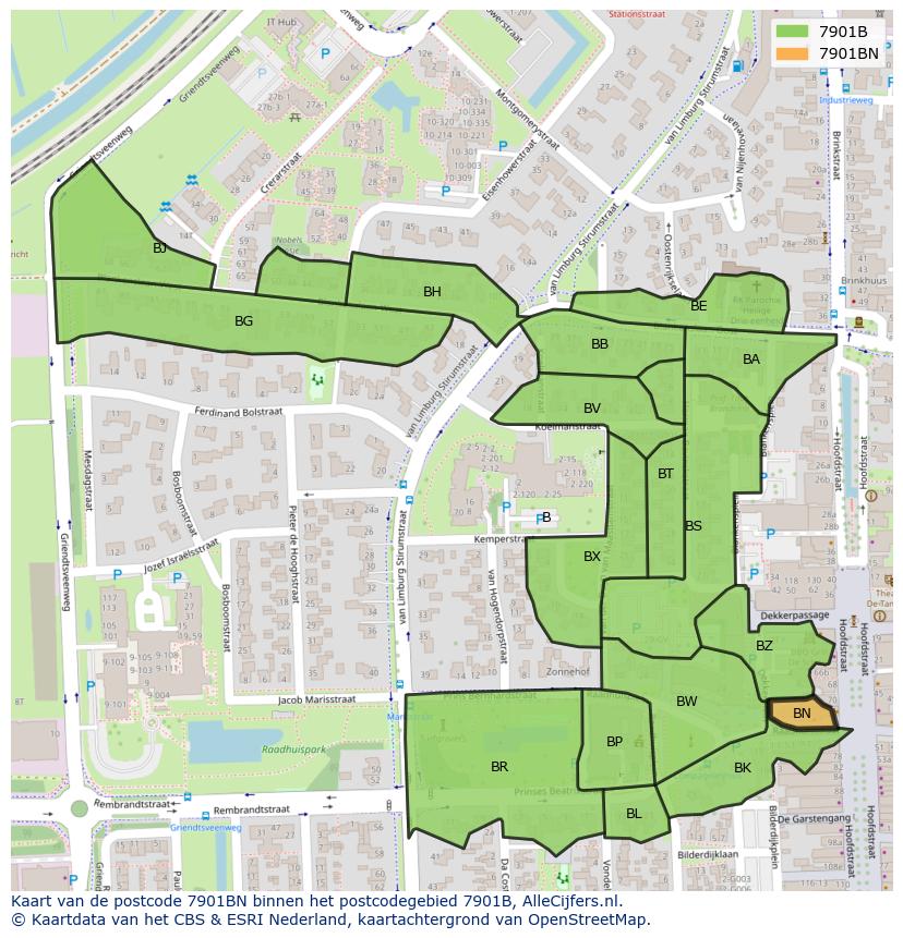 Afbeelding van het postcodegebied 7901 BN op de kaart.