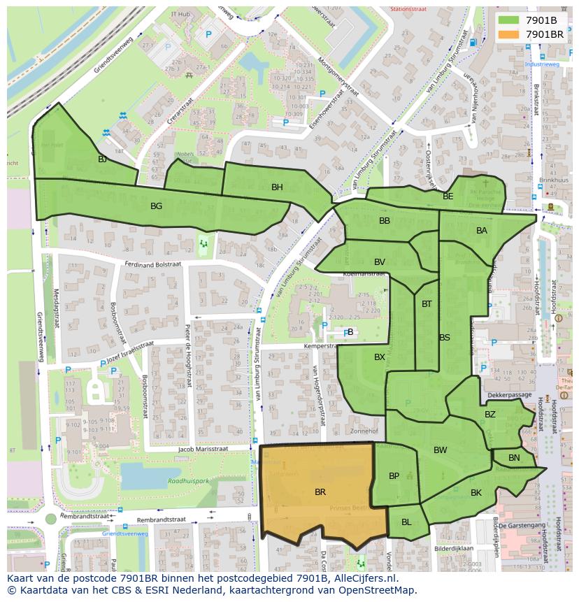 Afbeelding van het postcodegebied 7901 BR op de kaart.