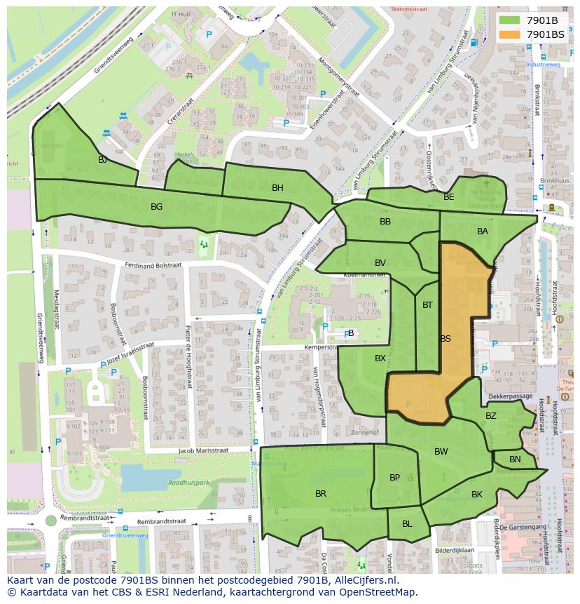 Afbeelding van het postcodegebied 7901 BS op de kaart.