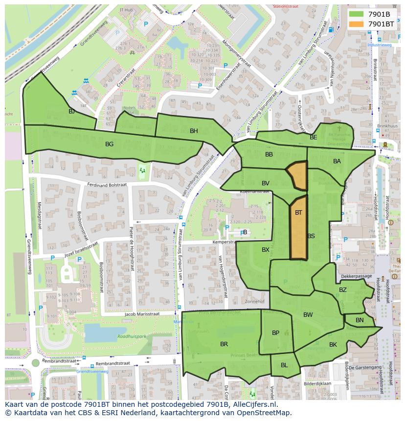 Afbeelding van het postcodegebied 7901 BT op de kaart.