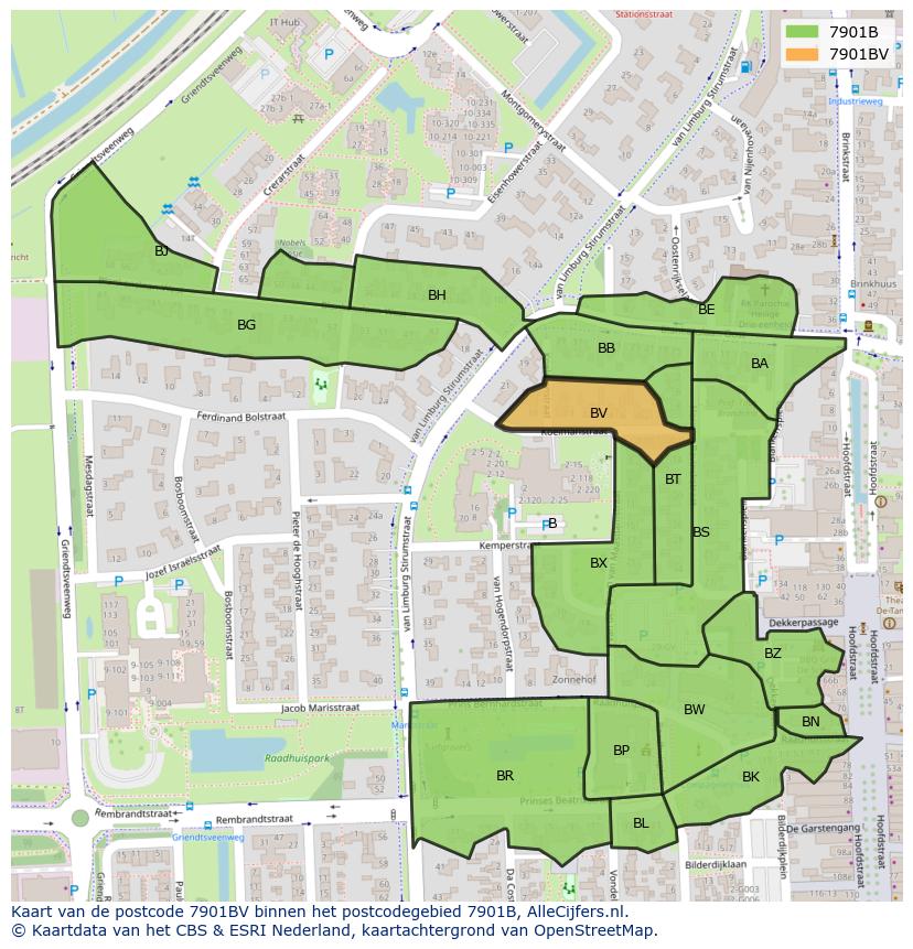 Afbeelding van het postcodegebied 7901 BV op de kaart.