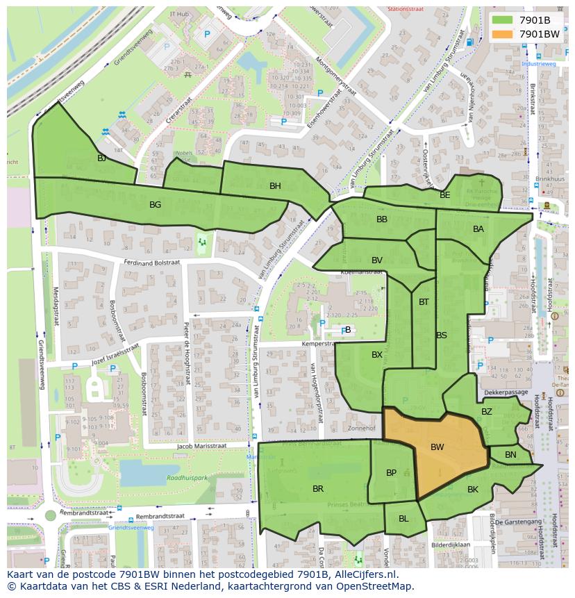 Afbeelding van het postcodegebied 7901 BW op de kaart.