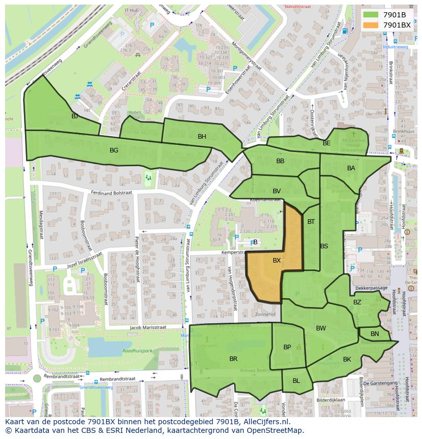 Afbeelding van het postcodegebied 7901 BX op de kaart.