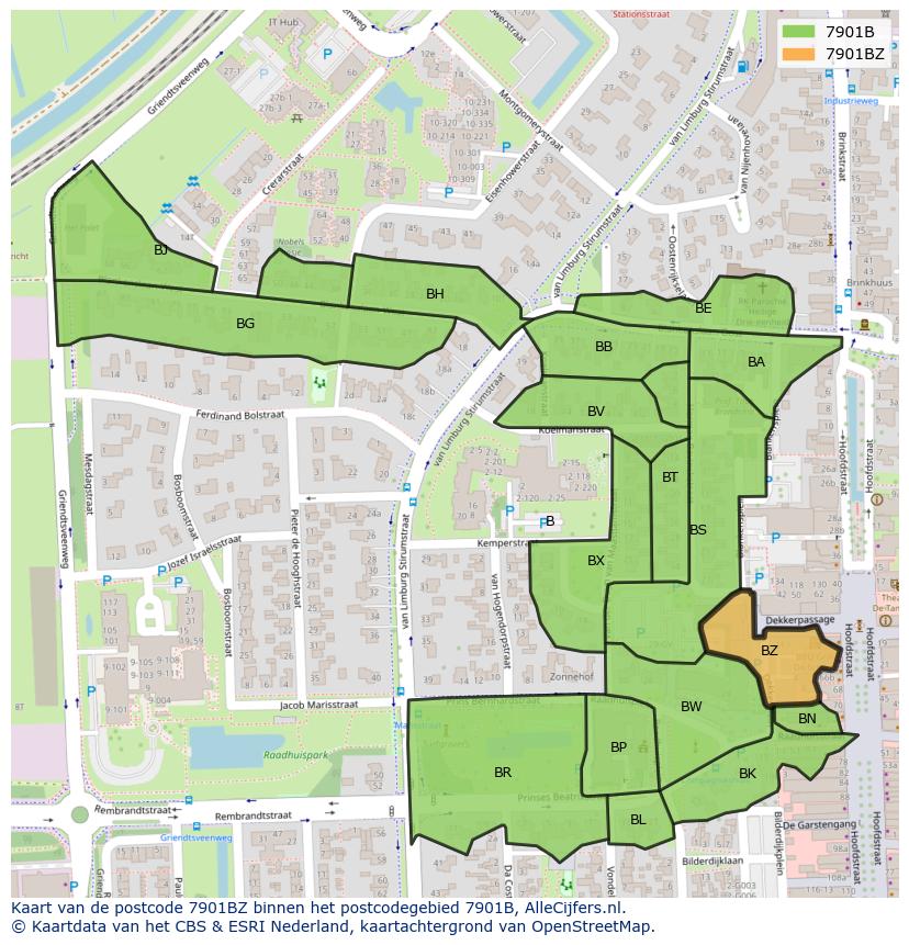 Afbeelding van het postcodegebied 7901 BZ op de kaart.