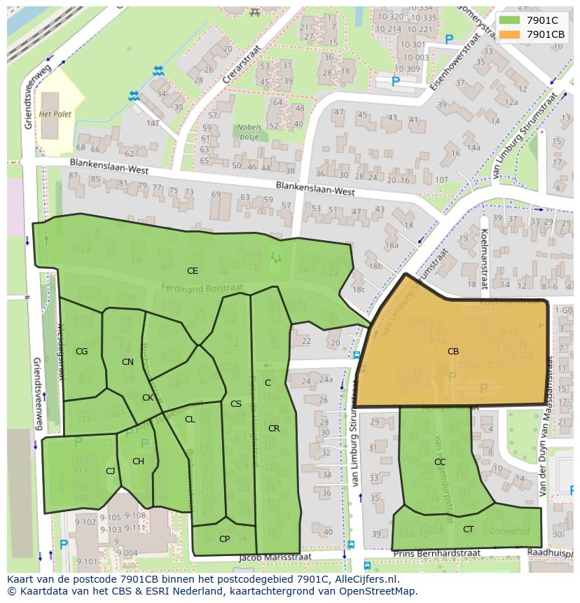 Afbeelding van het postcodegebied 7901 CB op de kaart.