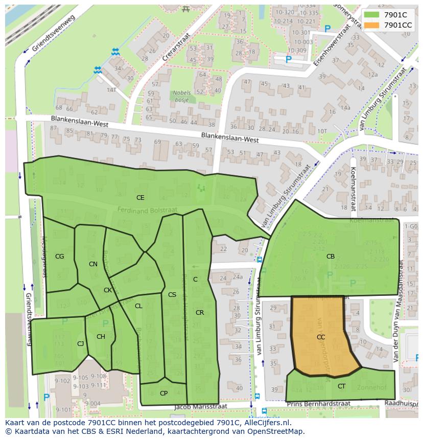Afbeelding van het postcodegebied 7901 CC op de kaart.