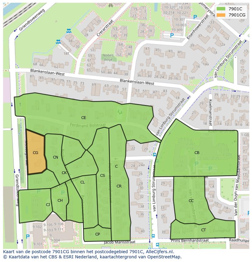Afbeelding van het postcodegebied 7901 CG op de kaart.
