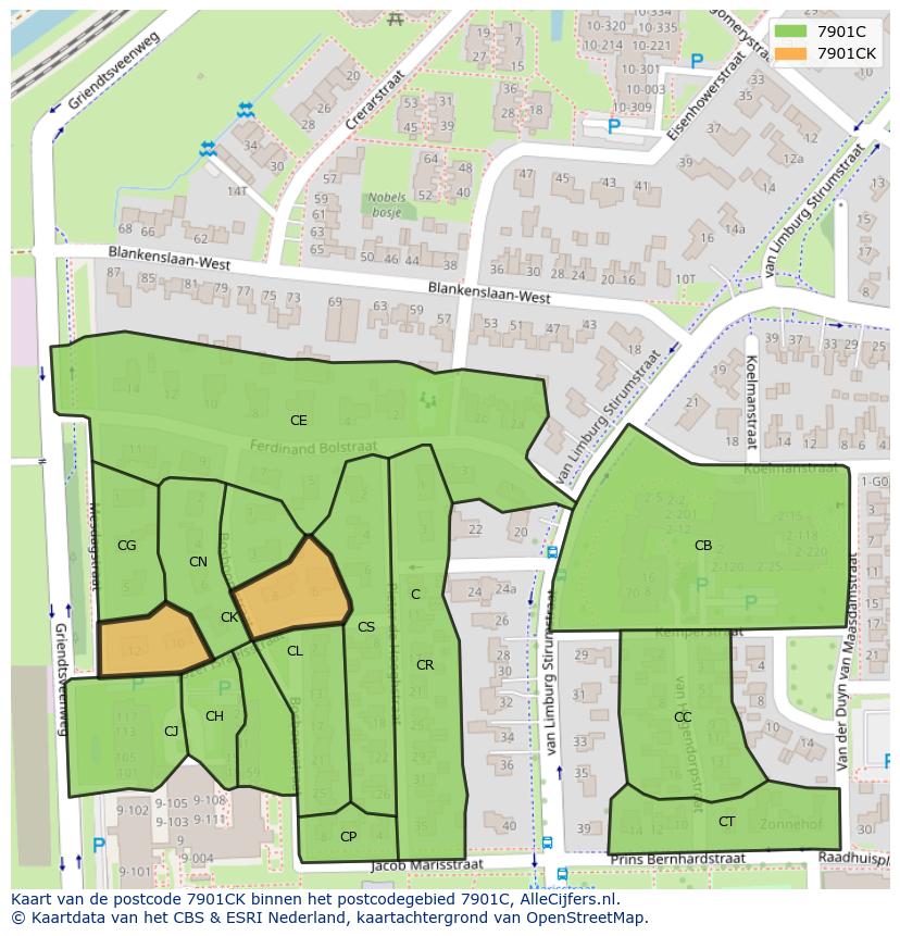 Afbeelding van het postcodegebied 7901 CK op de kaart.