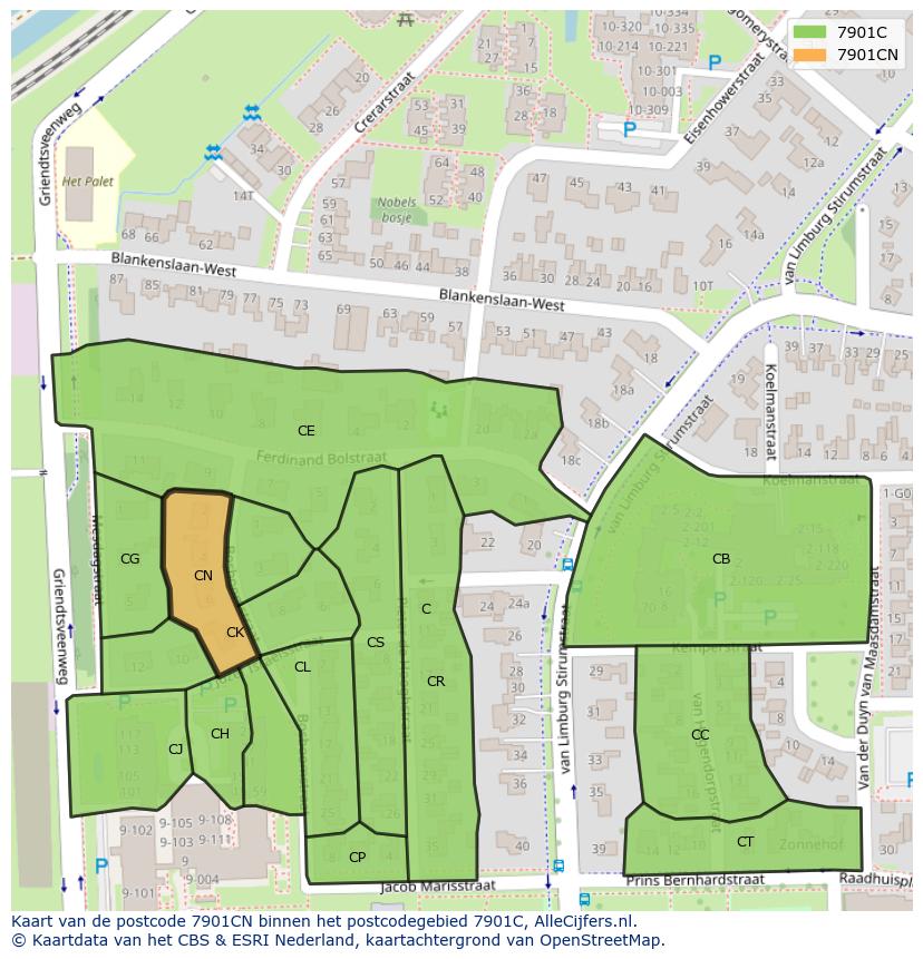 Afbeelding van het postcodegebied 7901 CN op de kaart.