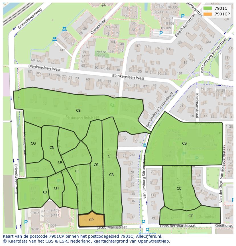Afbeelding van het postcodegebied 7901 CP op de kaart.